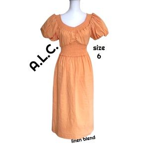 A.L.C. Cantaloupe Linen Blend Off Shoulder Scoop Midi Dress